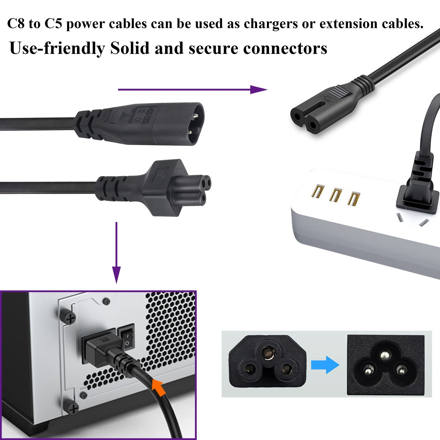AAOTOKK (2 Pack) IEC 320 C8 to C5 AC Adapter Cable,7.5A 125V Figure 8 Male to Mickey Mouse 3Pole Female AC Power Converter Cable for TV PC Computer…