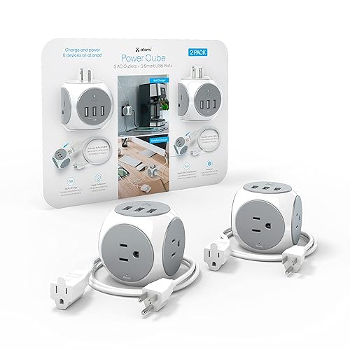 Atomi Power Cube 2-Pack - 3AC Outlets + 3 Smart USB Ports + 5-ft. Cable