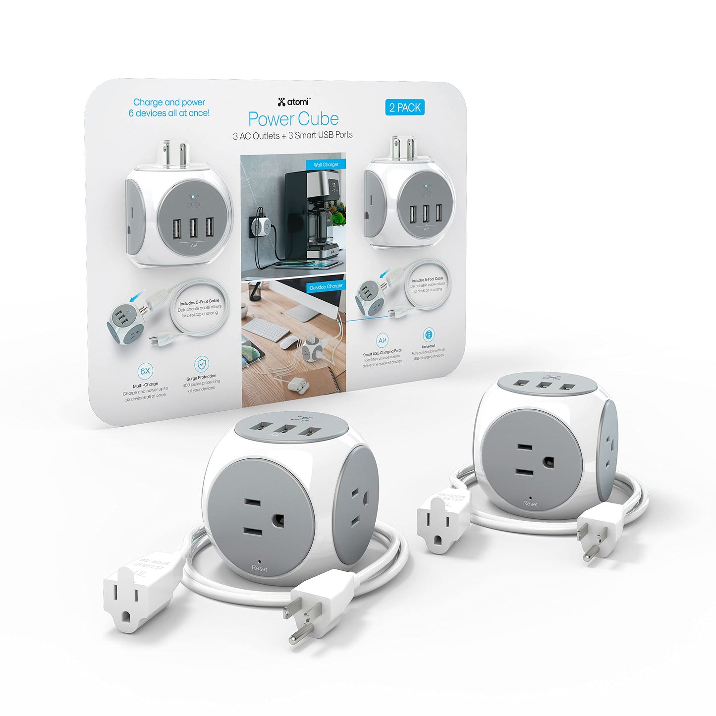 Atomi Power Cube 2-Pack - 3AC Outlets + 3 Smart USB Ports + 5-ft. Cable