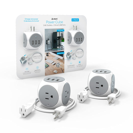 Atomi Power Cube 2-Pack - 3AC Outlets + 3 Smart USB Ports + 5-ft. Cable