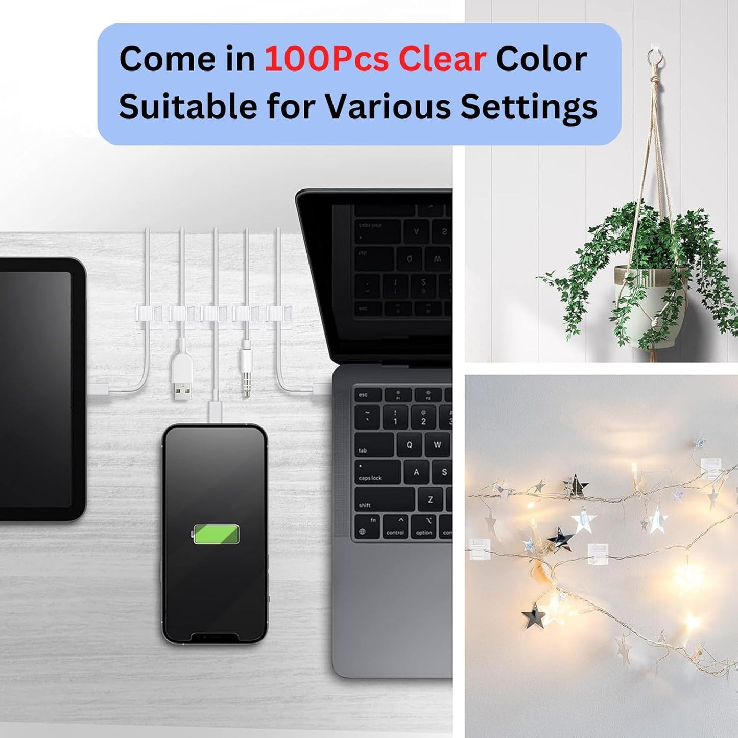 [100Pcs] Outdoor Light Clips, Adhesive Cable Clips for Wall, Wire Holder Cable Management Cord Organizer Hooks, Christmas Light Clips for Outside