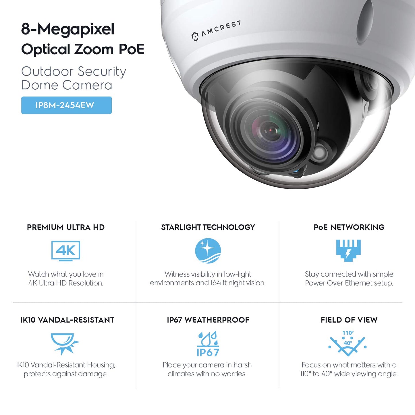 Amcrest UltraHD 4K Varifocal PoE Dome Outdoor Security Camera, 4K (8-Megapixel) 3840x2160P, 164ft Night Vision, 4X Optical Zoom, Motorized Varifocal