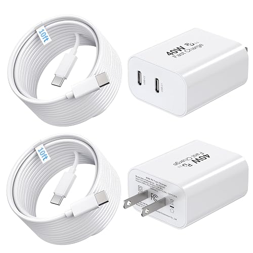 TT&C 40W Dual USB C Charger Block [2-Pack] with 10ft Type C Cables, PD Fast Charger Power Adapter Fast Charging Compatible with iPhone 17, 16, 15 Pro
