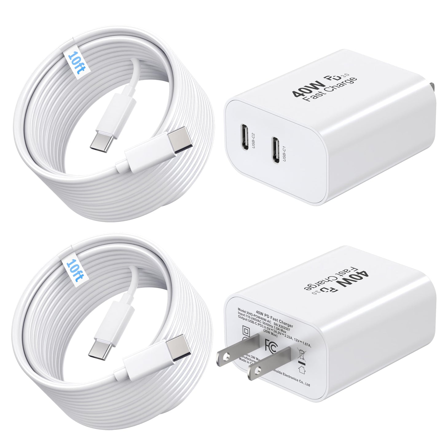 TT&C 40W Dual USB C Charger Block [2-Pack] with 10ft Type C Cables, PD Fast Charger Power Adapter Fast Charging Compatible with iPhone 17, 16, 15 Pro