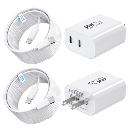 TT&C 40W Dual USB C Charger Block [2-Pack] with 10ft Type C Cables, PD Fast Charger Power Adapter Fast Charging Compatible with iPhone 17, 16, 15 Pro