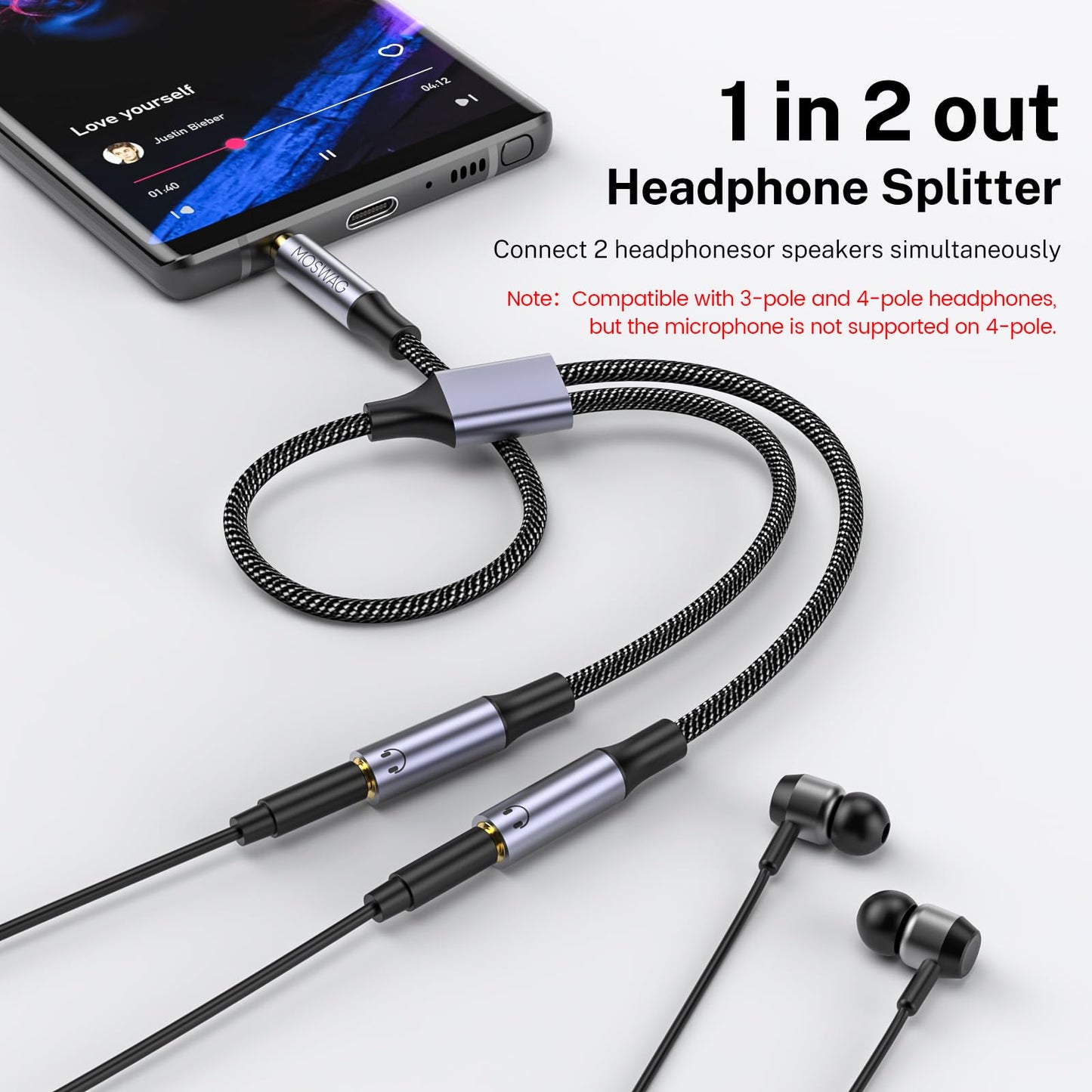 MOSWAG Headphone Splitter 3.5mm Stereo to Dual 3.5mm Female Headphone Jack Audio Stereo, Extension Cable Audio Y Splitter Compatible with iPhone