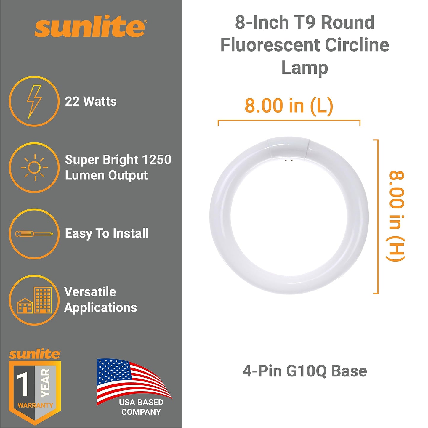 Sunlite 41316 FC8T9/CW 8-Inch T9 Round Fluorescent Circline Lamp, 22 Watts, 1250 Lumens, 4100K Cool White, G10Q 4-Pin Base, 1 Pack
