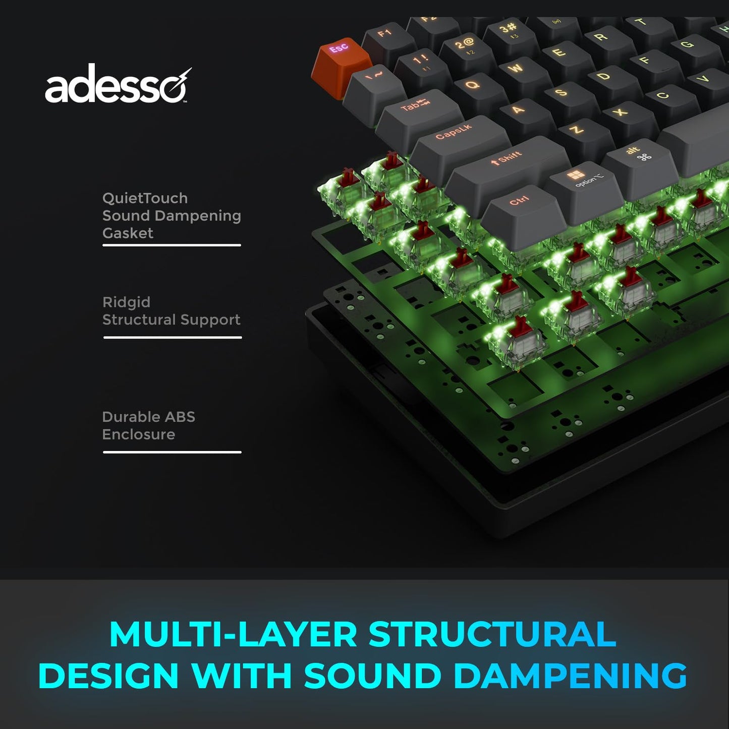 Adesso EasyTouch 1000 Wired/Wireless/Bluetooth Multi-OS Illuminated Mechanical VIA Mini Keyboard with Copilot Ai Hotkey