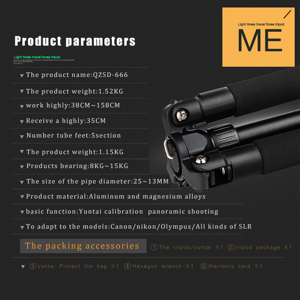 QZSD Q-666 Portable Aluminum Tripod Monopod With Q-02 360 Degree Swivel Fluid Ball Head Compact Travel for DSLR Digital Camera and Camcorder Nikon