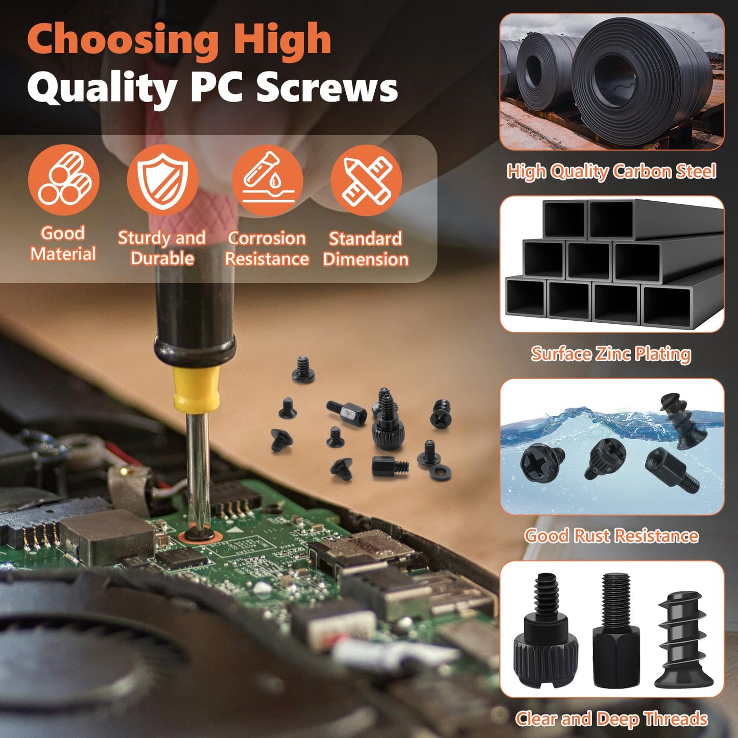 510PCS Computer Screws Assortment Kit, Carbon Steel Black Zinc Plated Motherboard Standoffs Screws PC Screws for HDD, SSD Hard Drive Fan, Power