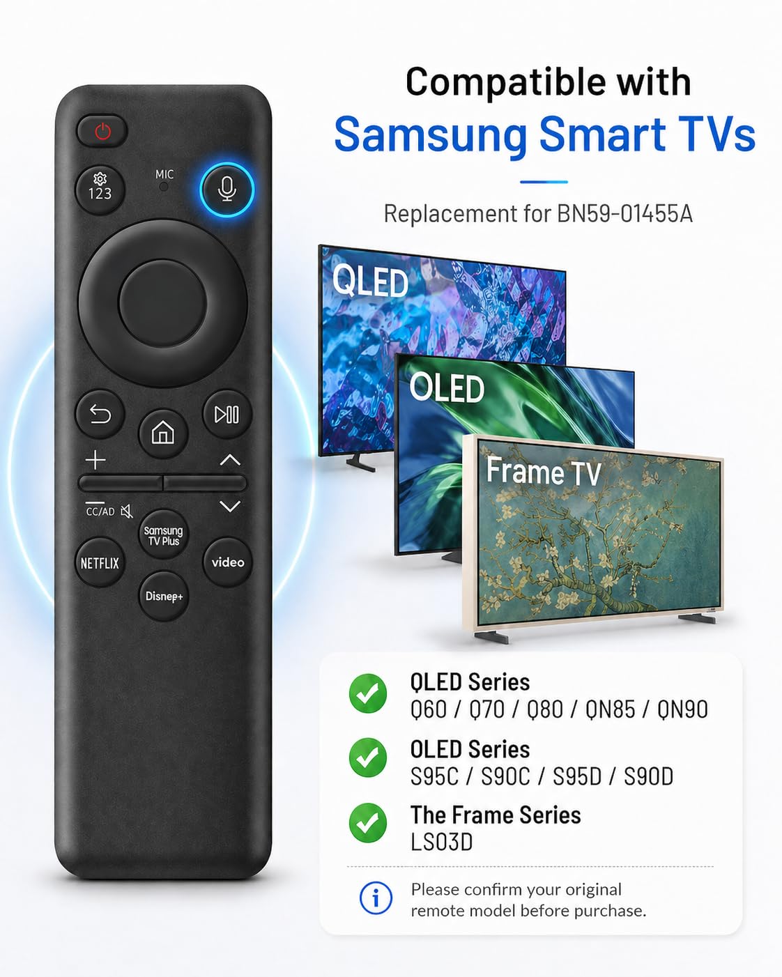 HSHONG BN59-01455A Voice Remote Control Replacement for Samsung Smart TVs, Compatible with QLED OLED Frame TV S95C S90C S95D S90D LS03D Q60 Q70 Q80
