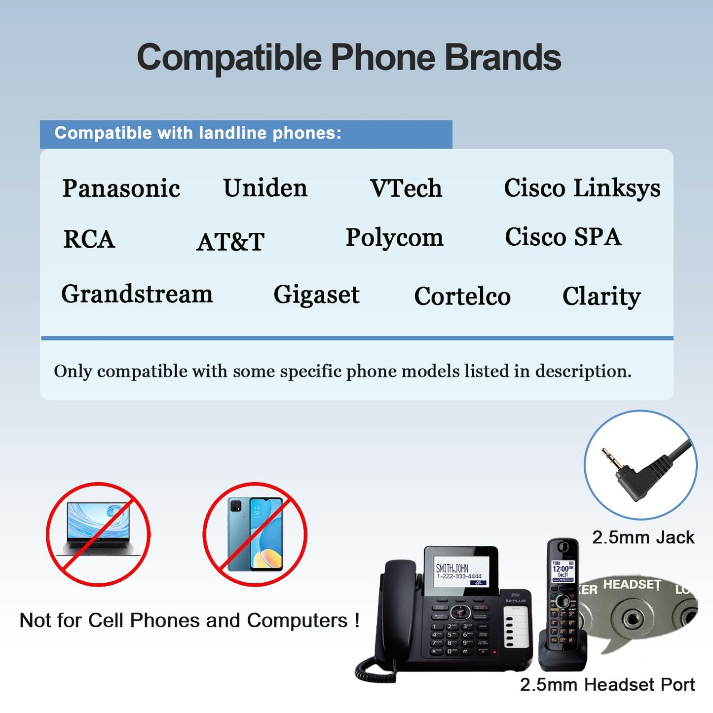 2.5mm Adapter Cable for Plantronics Quick Disconnect QD Headsets Wire to 2.5mm Phone Headset Adapter Cord Compatible with Panasonic AT&T VTech Uniden