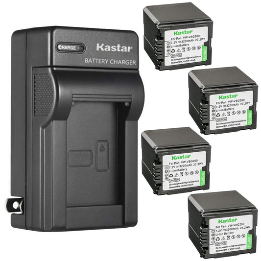 Kastar 4-Pack VW-VBG260 Battery and AC Wall Charger Replacement for Panasonic HDC-HS100, HDC-HS100GK, HDC-HS200, HDC-HS250, HDC-HS250K, HDC-HS300