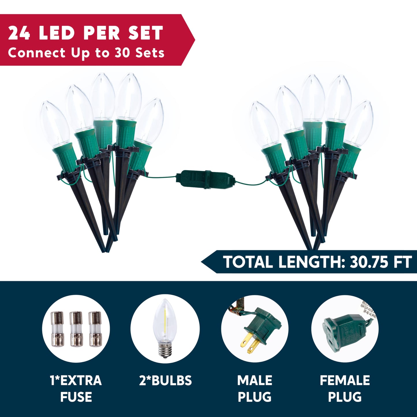 Joiedomi Christmas C9 Pathway Lights Outdoor Decorations 24 Packs, 30.75ft Xmas White Pathway Marker String Lights for Holiday Waterproof Outside Yard