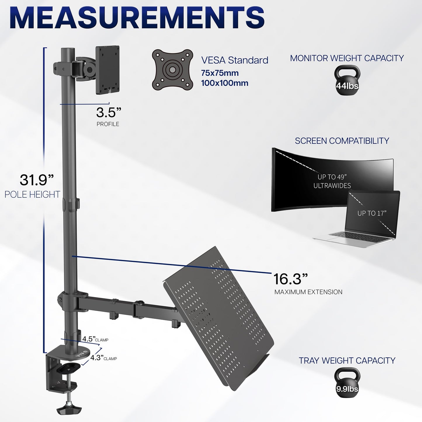 VIVO Extra Tall Desk Mount for up to 49 inch Ultrawide and Tray for up to 17 inch Laptop, Clamp-on Adjustable Stand Holds 44 lb Screens, VESA up