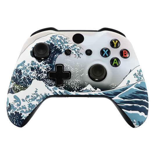 eXtremeRate The Great Wave Patterned Faceplate Front Housing Shell with Soft Touch Grip for Xbox One X S Controller Model 1708 - Controller NOT