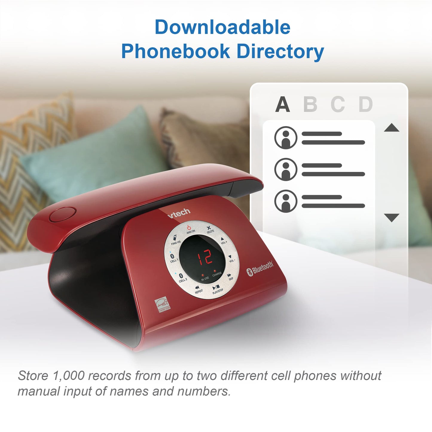VTECH VS122-16 Retro-Design Cordless Phone: Bluetooth Connect to Cell, Call Blocker, Answering System, Full-Duplex Speakerphone