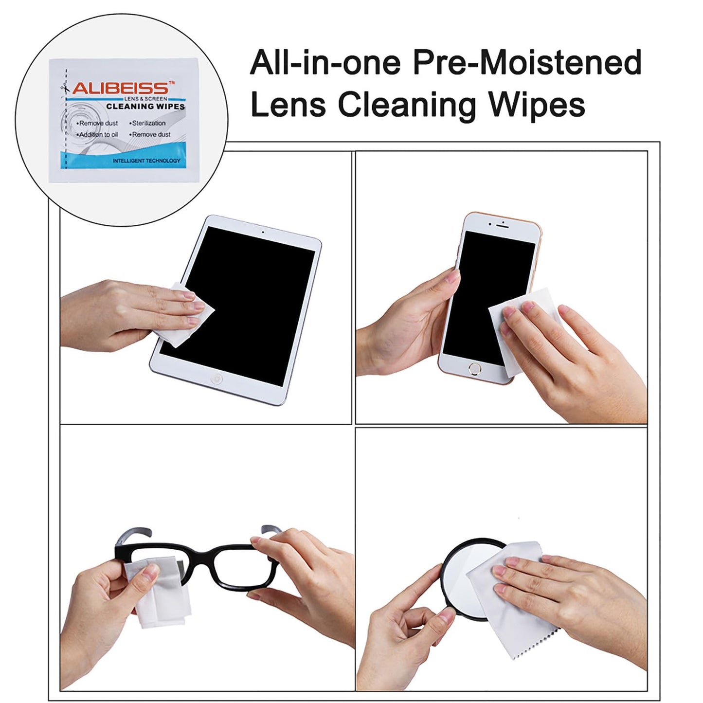 Pre-Moistened Lens Wipes ALIBEISS Screen Wipes for Glasses, Camera,Tablets, Smartphone, Screens and Other Delicate Surfaces,Pack of 100