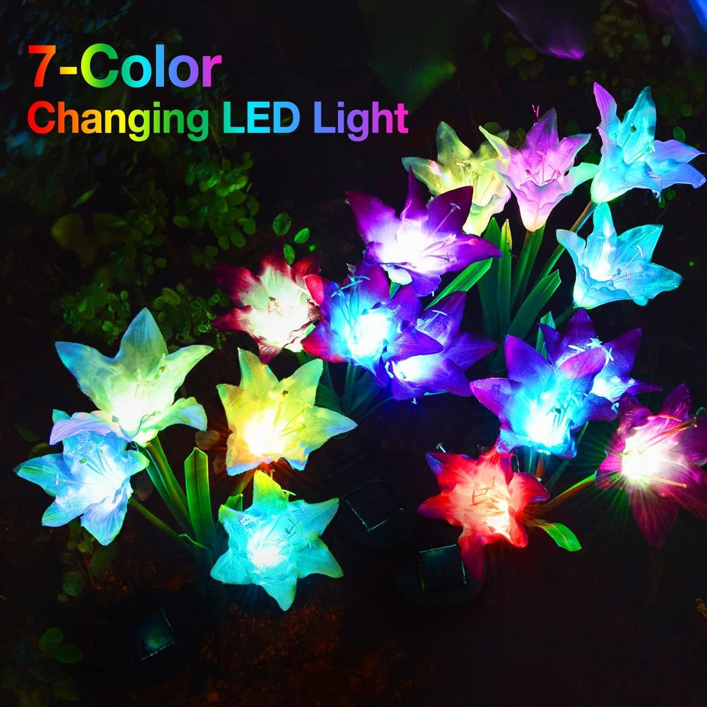 KOOPER Outdoor Solar Lights, 4 Pack Solar Garden Light with Bigger Lily Flowers, Waterproof 7 Color Changing Solar Lights Outdoor - Bigger Panel