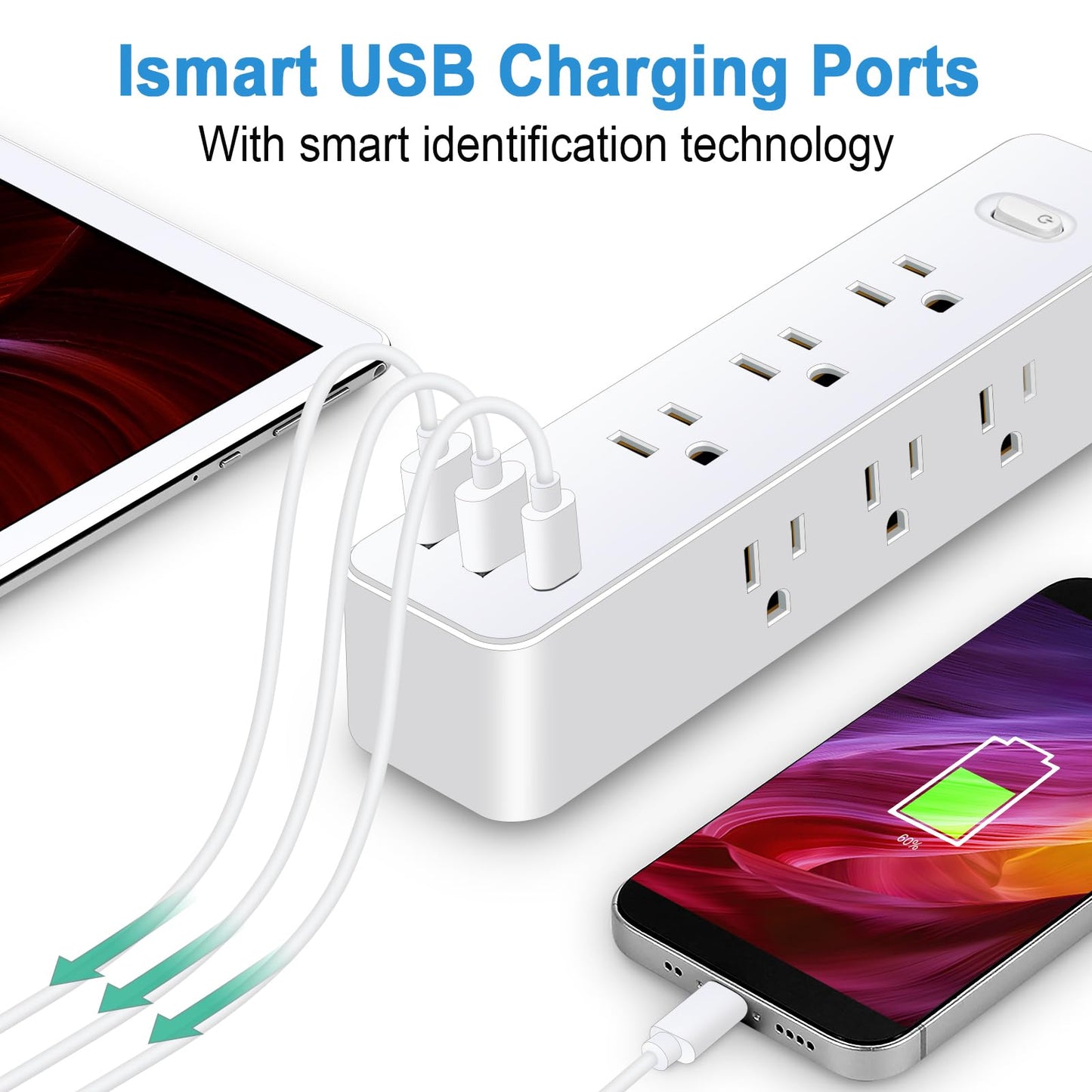 10FT Power Strip Surge Protector, 12-in-1 Power Bar with Multiple Outlets, 9 Outlet 3 USB Ports, Flat Plug Power Strip Surge Protector, Multi Outlet