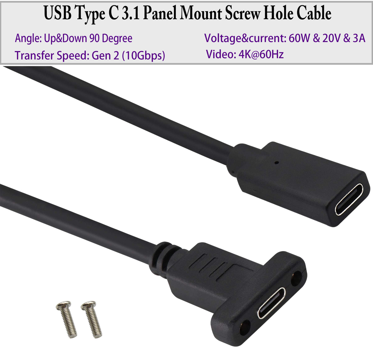 AAOTOKK 3.1Type C to USB C Panel Mount Screw Cable Gen 2 (3A) USB 3.1 Type C Female to Female Panel Mount Cable, Supports Charging,Data,Audio,Video