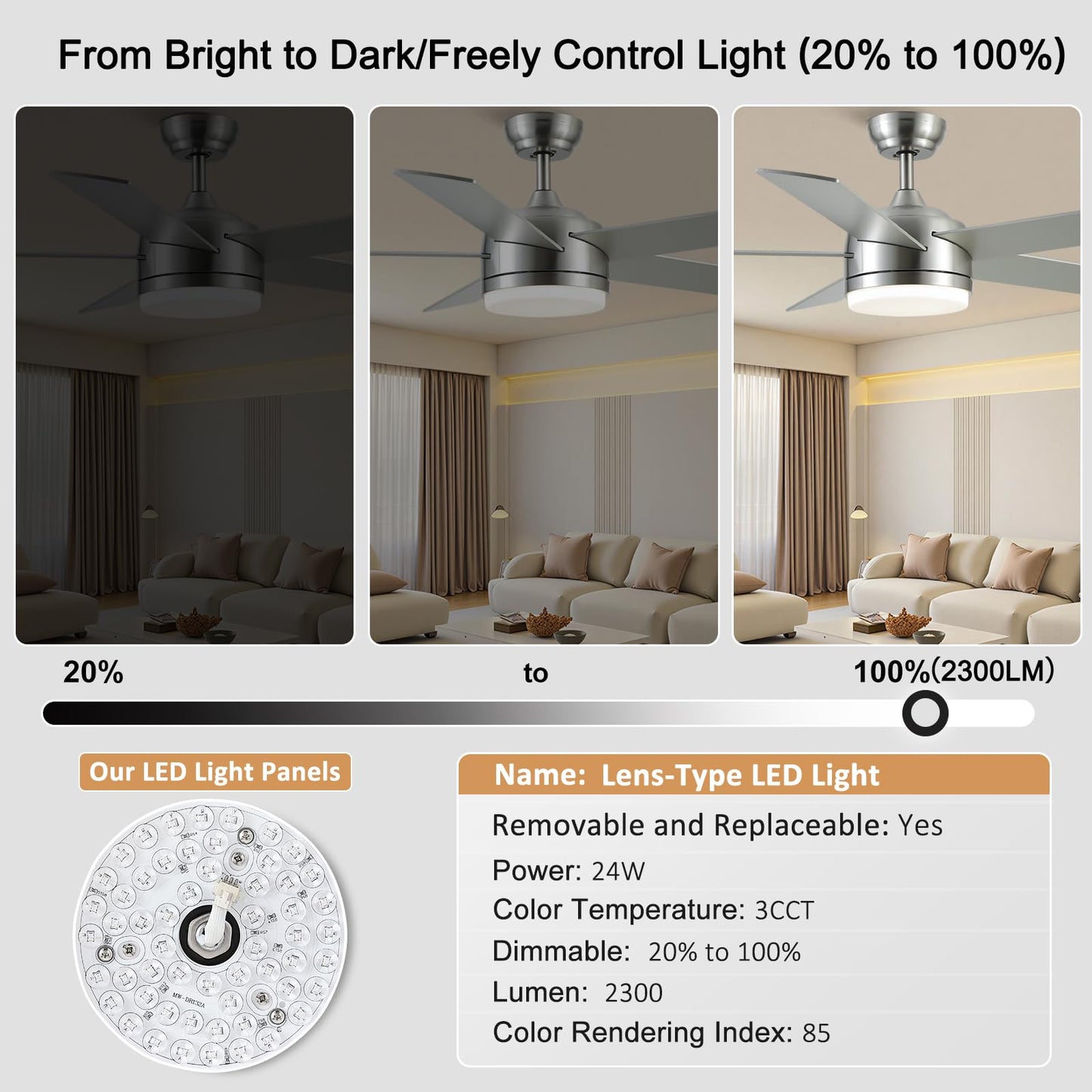 YUHAO 52 Inch Brushed Nickel Ceiling Fan with Light and Remote Control.Noiseless,Dimmable,3CCT,6 Speeds Reversible, DC Ceiling Fans for Indoor or