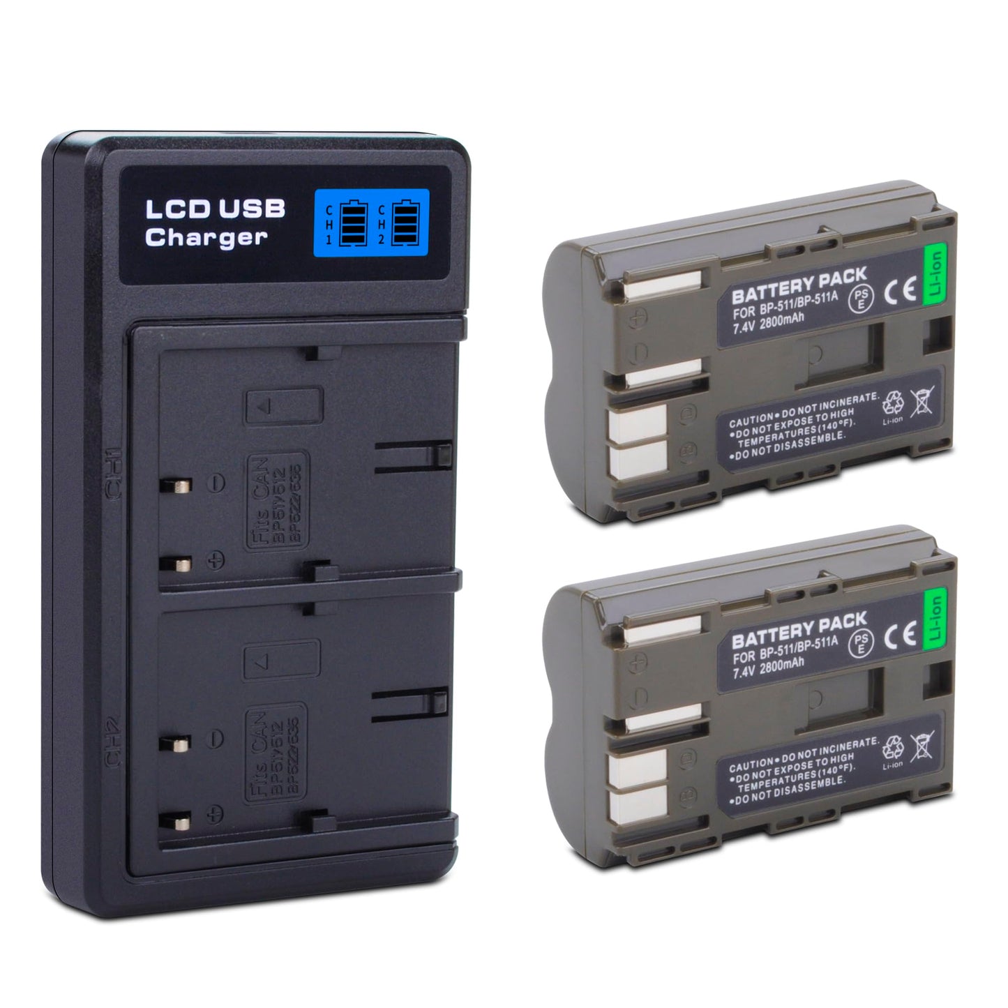 2-Pack BP-511 BP-511a Battery with USB-C Dual Charger for Canon EOS 5D 10D 20D 20Da 30D 40D 50D 300D D30 D60 and More Camera 2800mAh