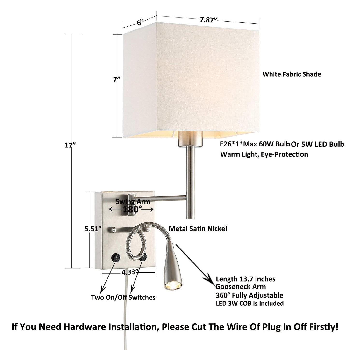 HomeFocus Bedside Wall Lamp with LED Reading Lamp,Swing Arm Wall Light,Wall Sconces