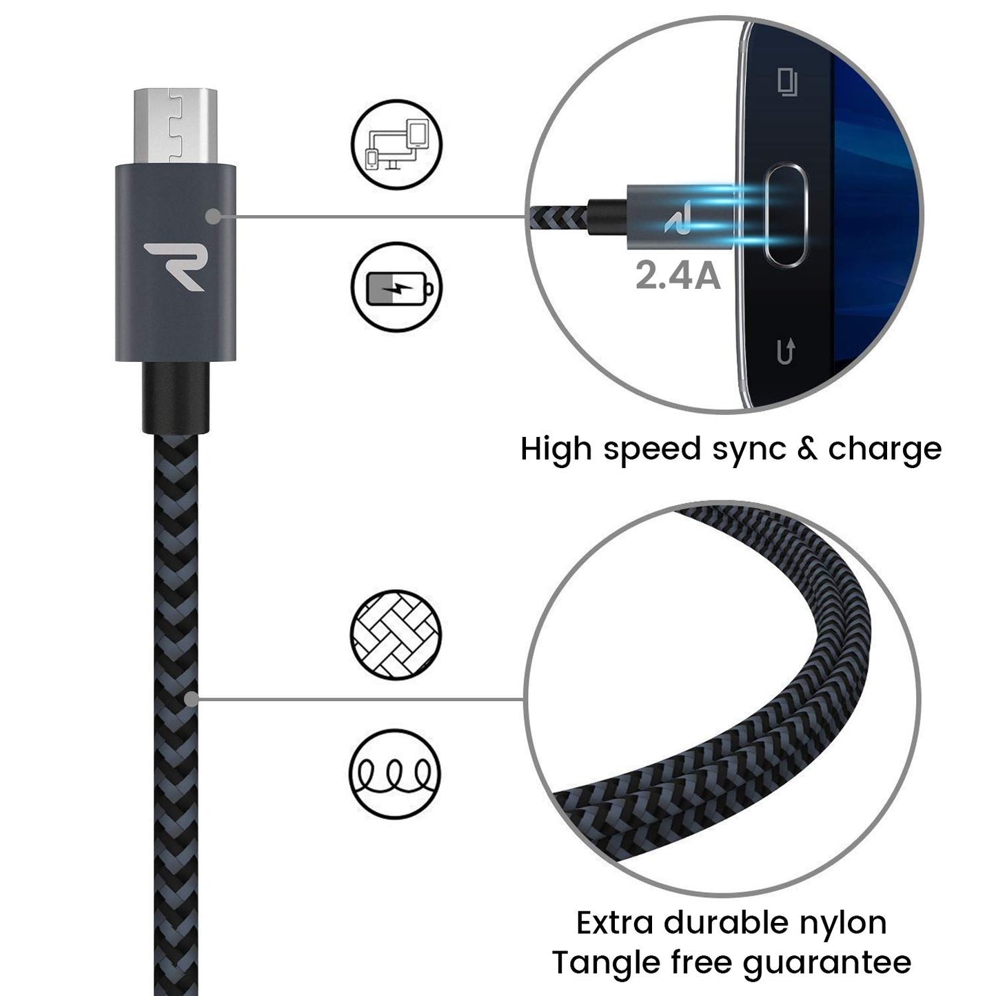 RAMPOW Micro USB Cable [2 Pack/3.3ft] QC 3.0 Fast Charging & Sync Android Charger, Braided Nylon Micro USB Cables for Samsung Galaxy S7/S6 and Edge