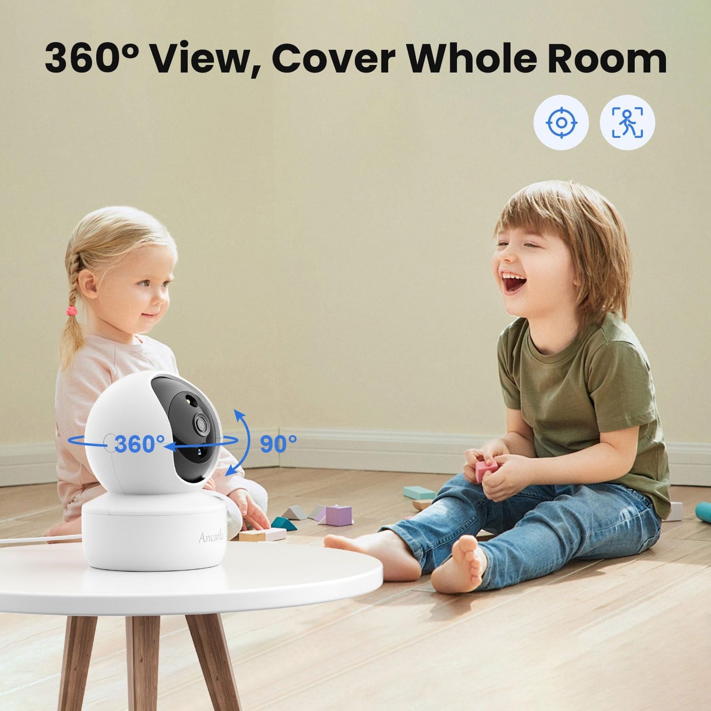 ANCARLA Security Camera Indoor, Cameras for Home Security Indoor, 360° Pan&Tilt, Pet/Dog/Baby Camera with Phone App, Motion Detection and Tracking