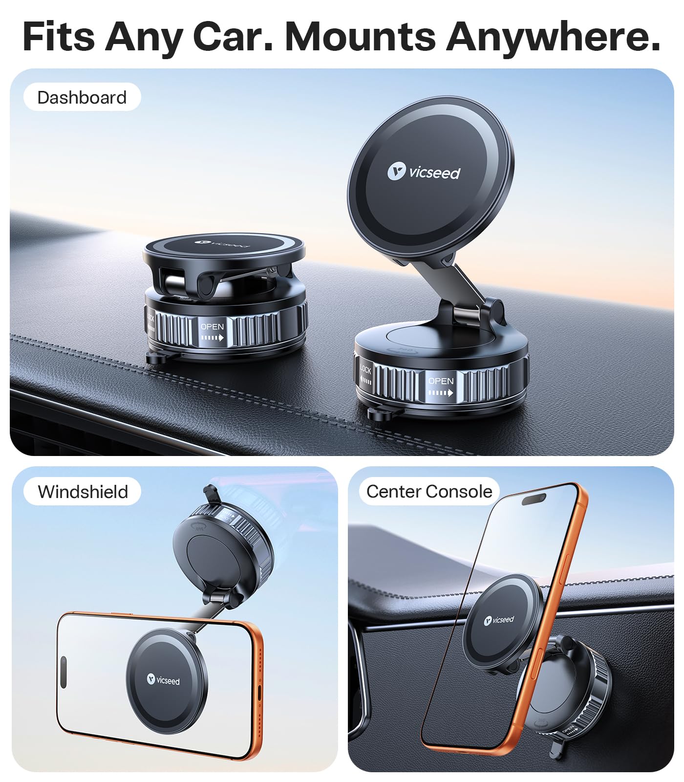 VICSEED Ultimate for Magsafe Car Mount [98+LBS Strongest Suction] 360° Vacuum Magnetic Phone Holders for Your Car Metal Arm Foldable Cellphone Mount