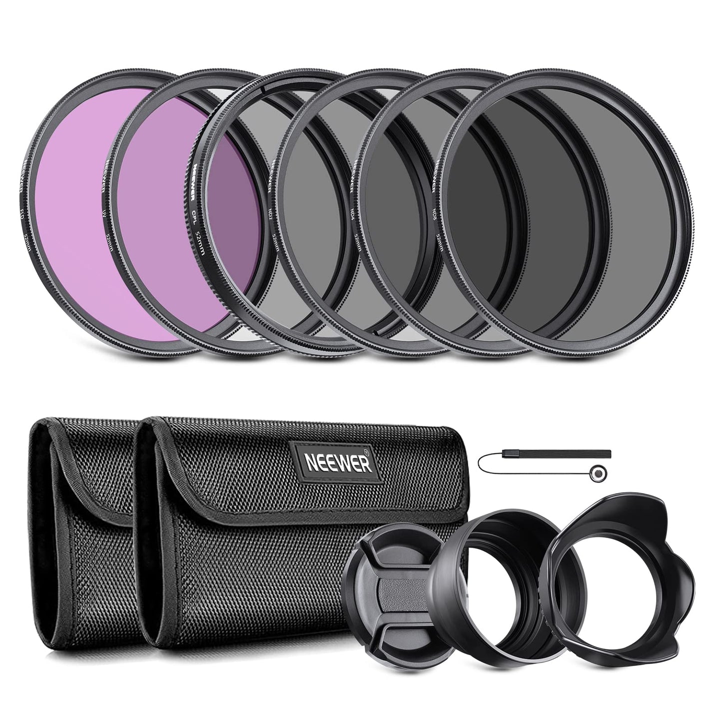 NEEWER 52mm ND Lens Filter Kit: UV, CPL, FLD, ND2, ND4, ND8, Lens Hood and Lens Cap Compatible with Canon Nikon Sony Panasonic DSLR Cameras with 52mm