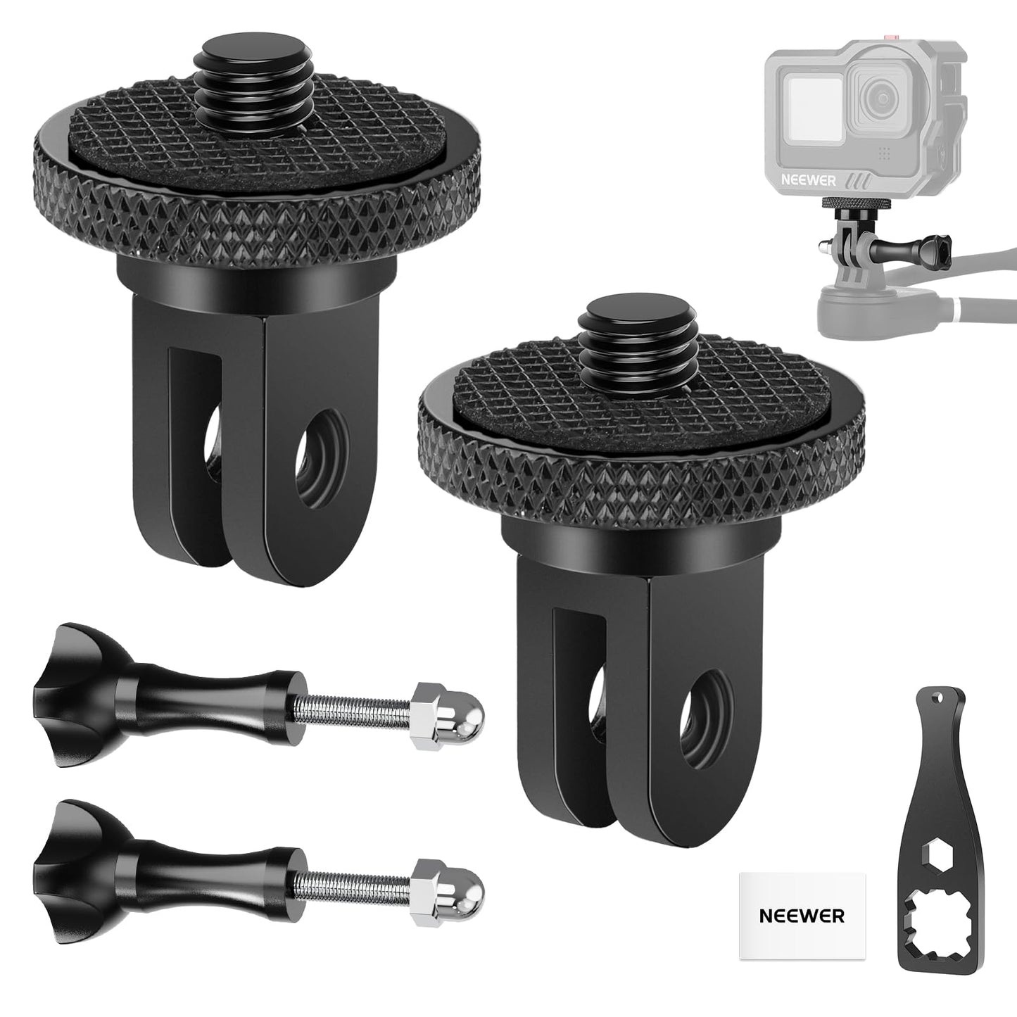 NEEWER Action Camera Tripod Mount Adapter with 1/4"-20 Screw Aluminum Alloy Accessories Compatible with Insta360 X5 X4 X3 GoPro Hero 13 12 DJI Osmo