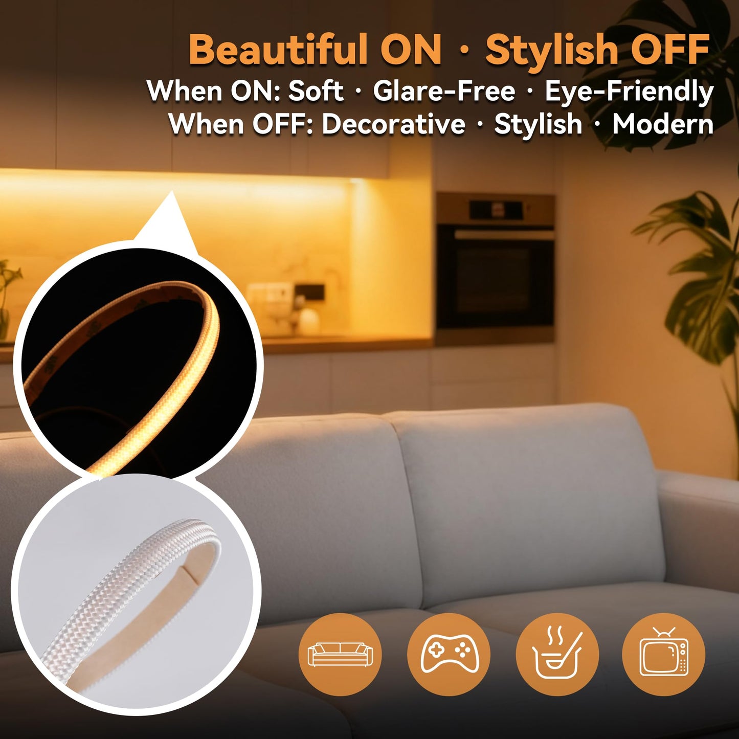 INFINILUX 2400K Amber Blue Light Blocking LED Strip, Soft Fabric COB Sleep Aid Nightlight for Bedroom, Nursery, Reading & Meditation, 59" USB Powered