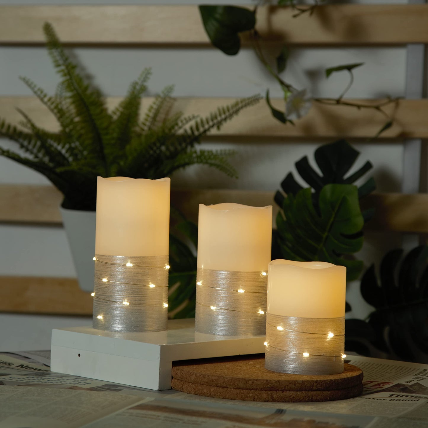 H-BLOSSOM Flickering Flameless Candles Ivory Real Wax Pillar with Embedded String Lights LED Candles Battery Operated with 10 Key Remote and Cycling