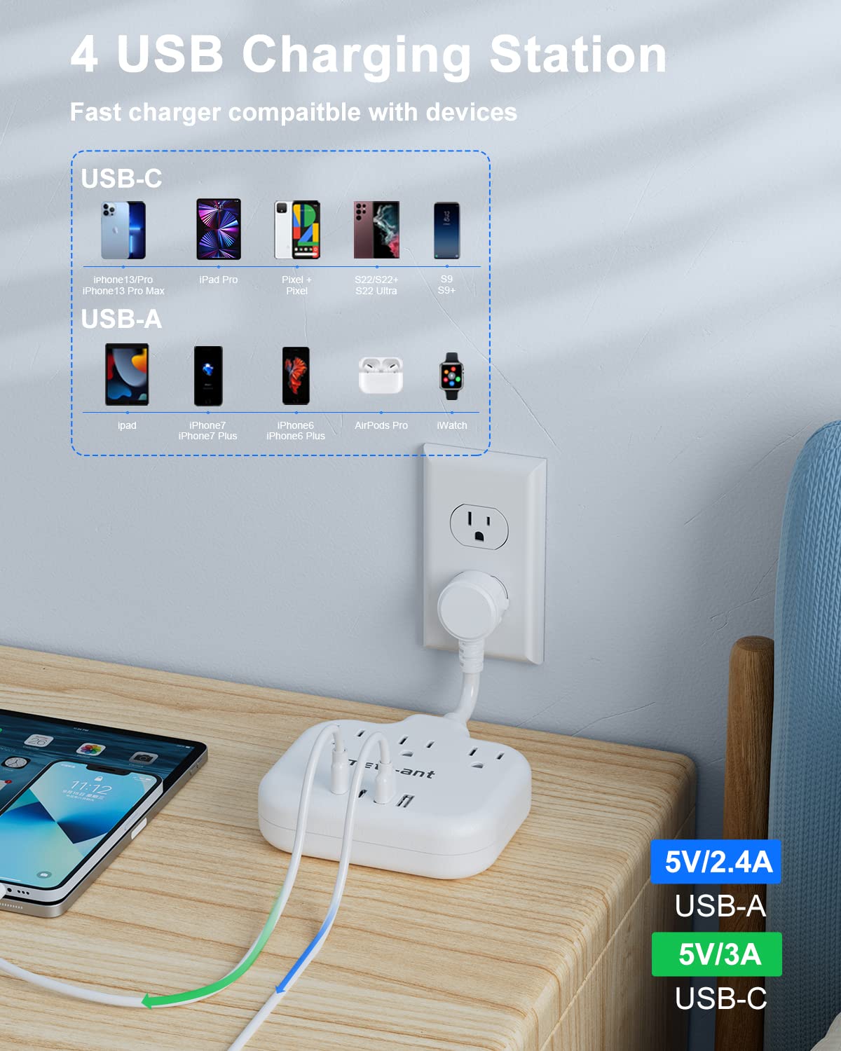 Short Extension Cord 3 Inch, Flat Plug Small Power Strip with 3 AC & 4 USB(1 USB-C), 1875W/15A, Multi Plug Outlet Extender, Non-Surge Protection