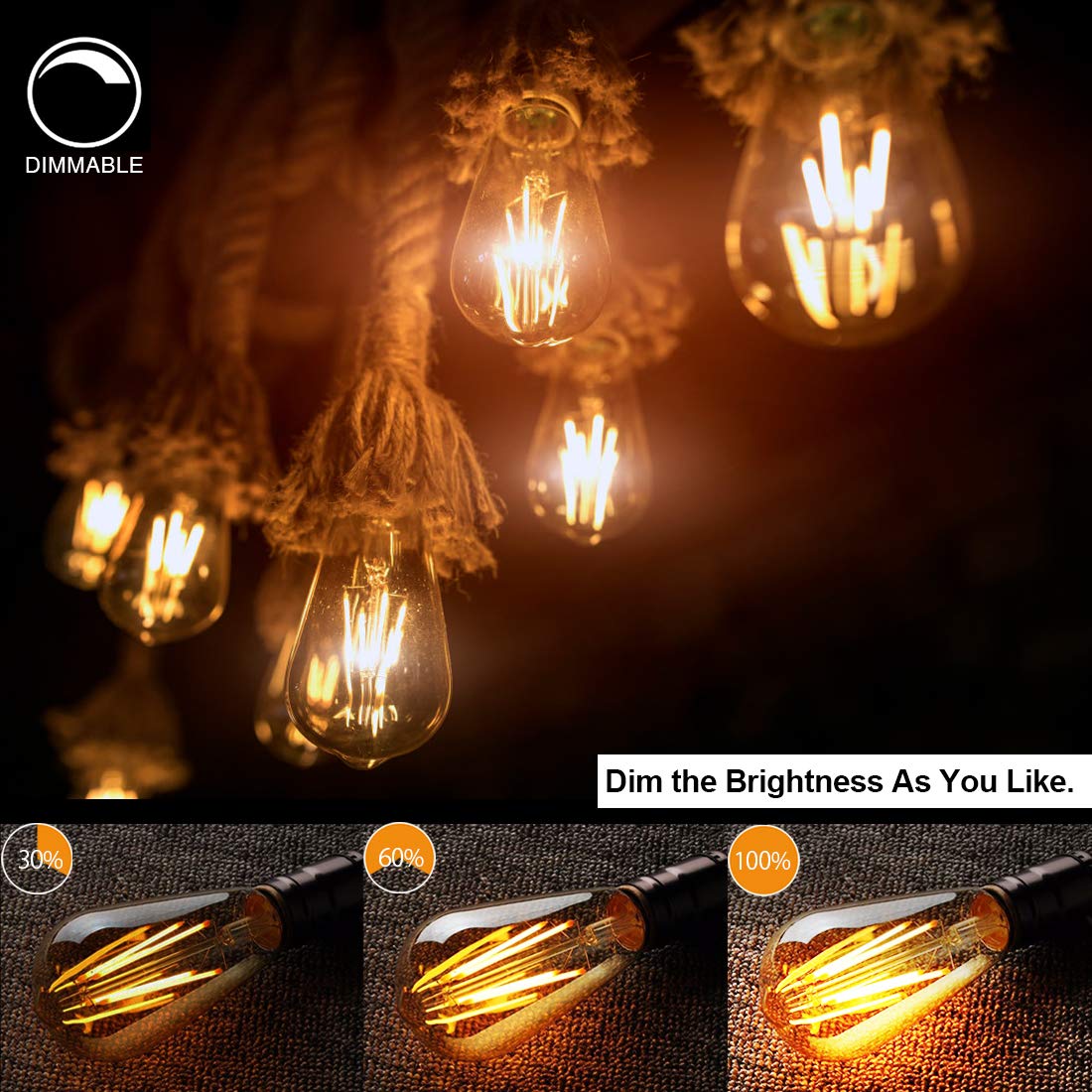 LUXON LED Edison Bulbs,Dimmable,ST64 Amber Glass,Vintage 4W E26 Warm,6-Pack