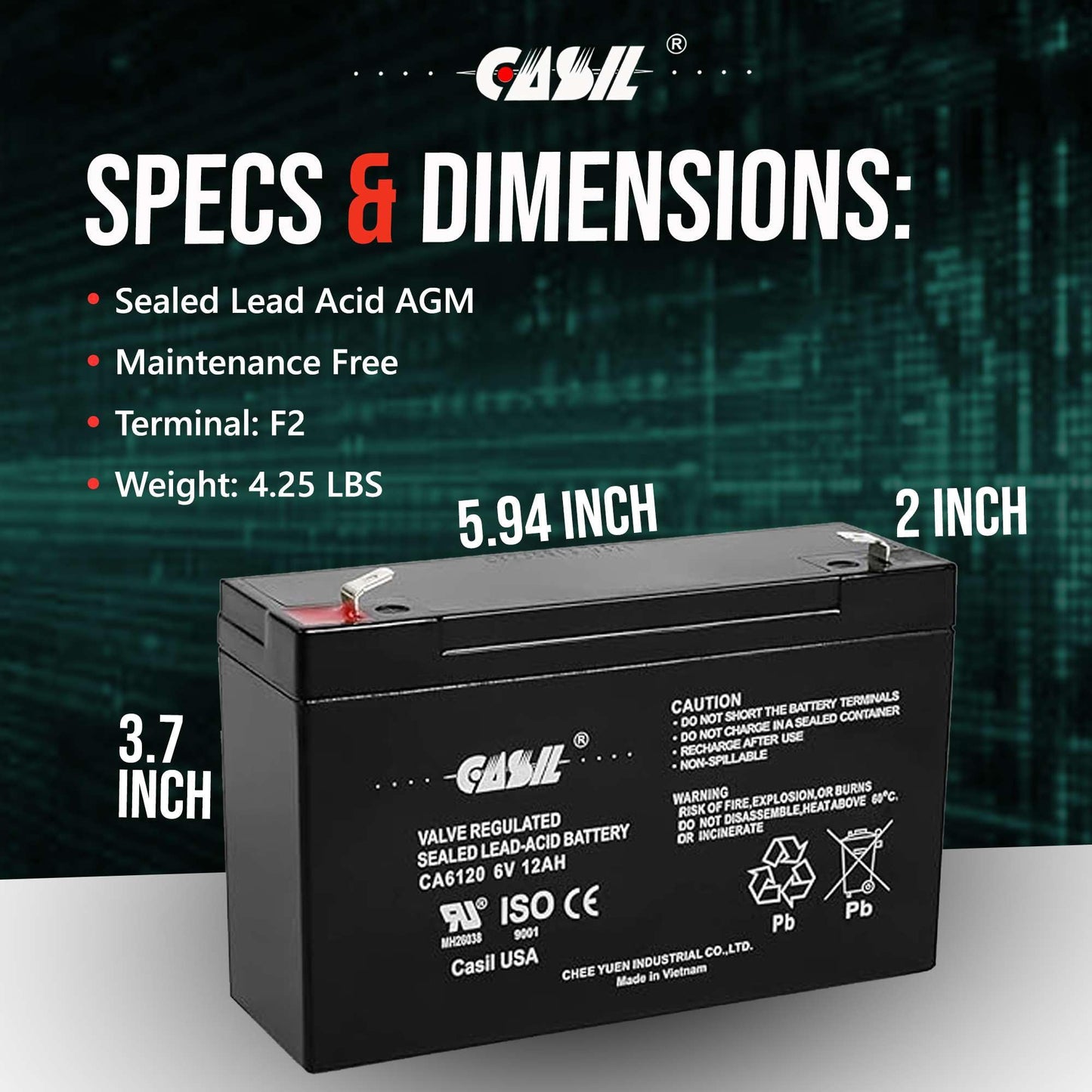 Casil Emergency Light Battery 6v 12ah CA6120 Sealed Lead Acid AGM with F2 Terminal for 6v Emergency Light Battery