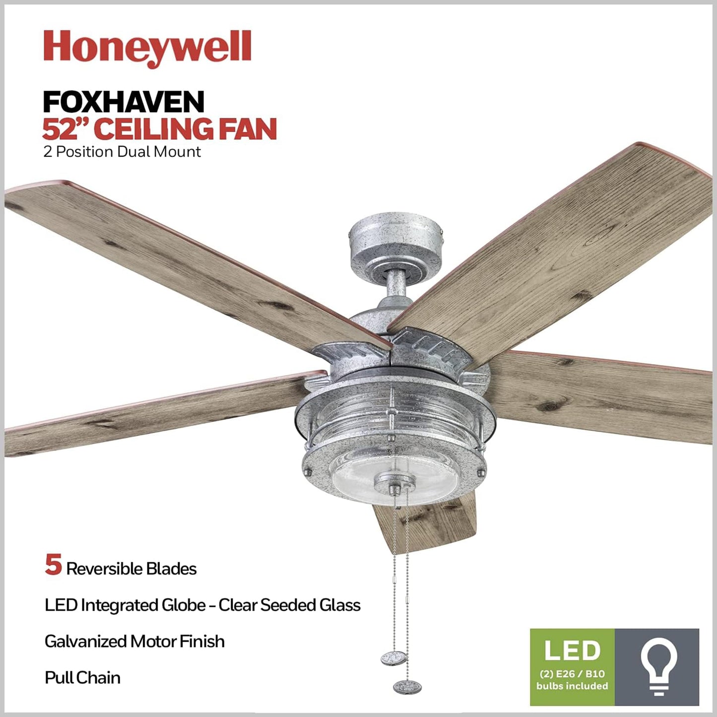 Honeywell Foxhaven Farmhouse 52 Inch Ceiling Fan with LED Light, Galvanized