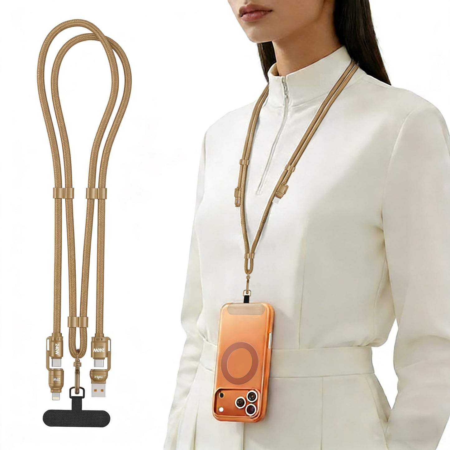 4-in-1 Charging Lanyard,1.5m/4.9ft Adjustable Crossbody Strap with 240W Fast Charging Data Sync for iPhone,Android(Gold)