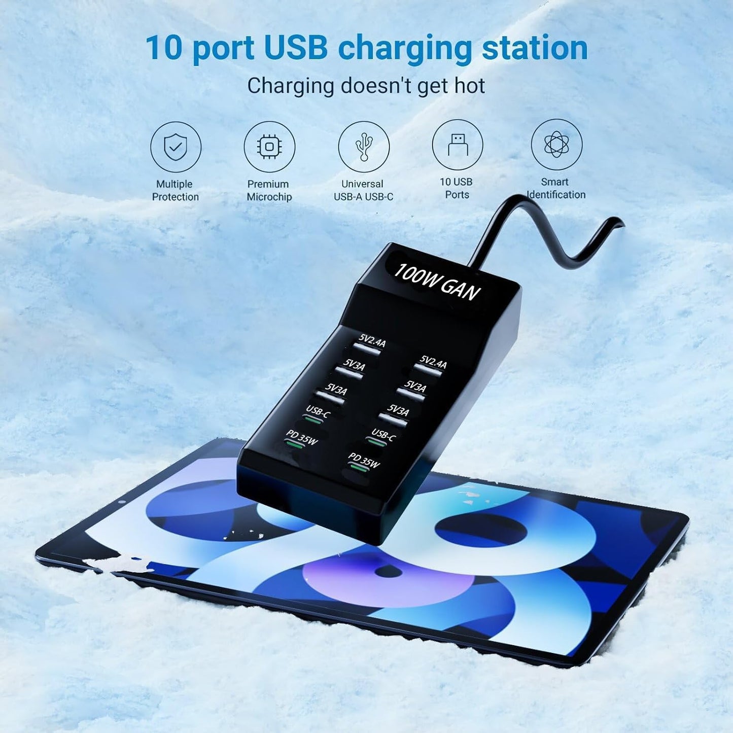 10-Port USB Charger Block - 100W6A4C Multi USB Port hub for iPhone/iPad/Samsung Galaxy Note Tablet Android Smartphone