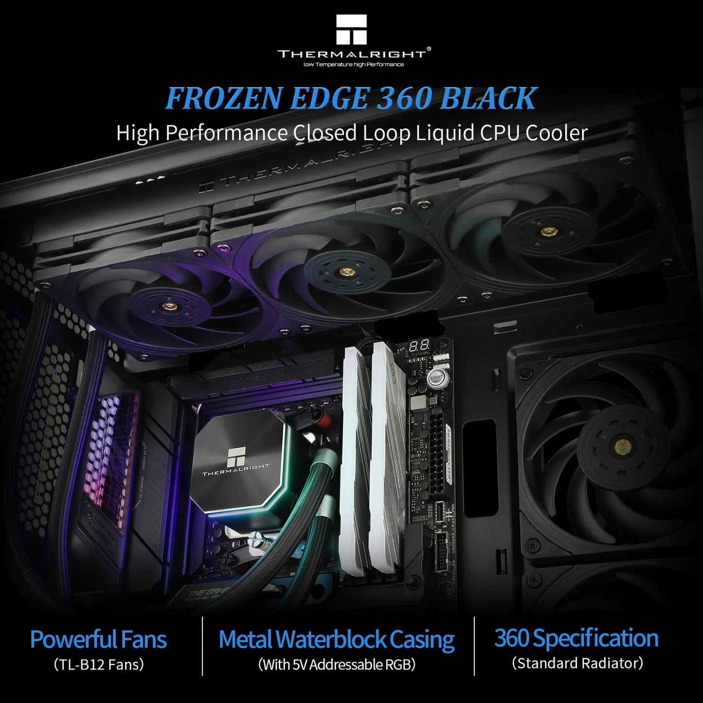 Thermalright Frozen Edge 360 Black AIO Water Cooler,Liquid CPU Cooler, 3×120mm PWM Fans Water Cooling System,2150RPM High Speed Fan,Compatible