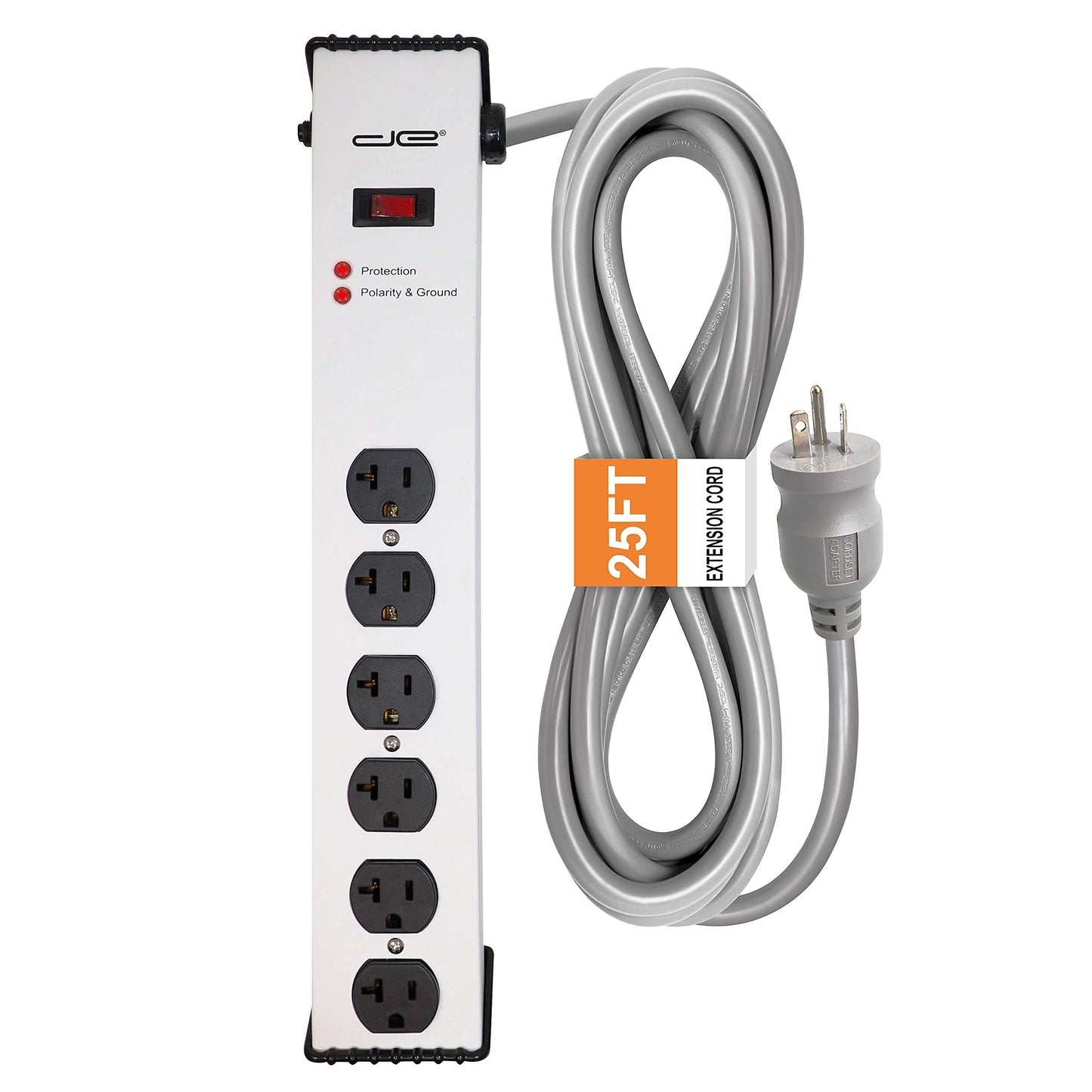 Digital Energy 20 Amp 6-20/T- Slot Plug | 25-Ft Cord - 900 Joule Surge Protector | 6-Outlet, Heavy Duty Steel Body Power Strip