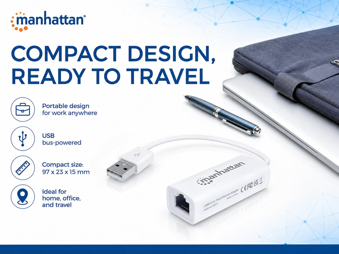 Manhattan USB to Ethernet Adapter - 10 / 100 Mbps Fast Ethernet LAN Network - Support Windows 10/8.1/8/7/Vista/XP for Desktop Laptop Apple MacBook