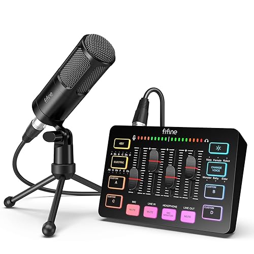 FIFINE Audio Equipment Bundle for Gaming Podcast, Streaming RGB Mixer Set with XLR Dynamic Vocal Microphone, Voice Recording Kit Set with Volume