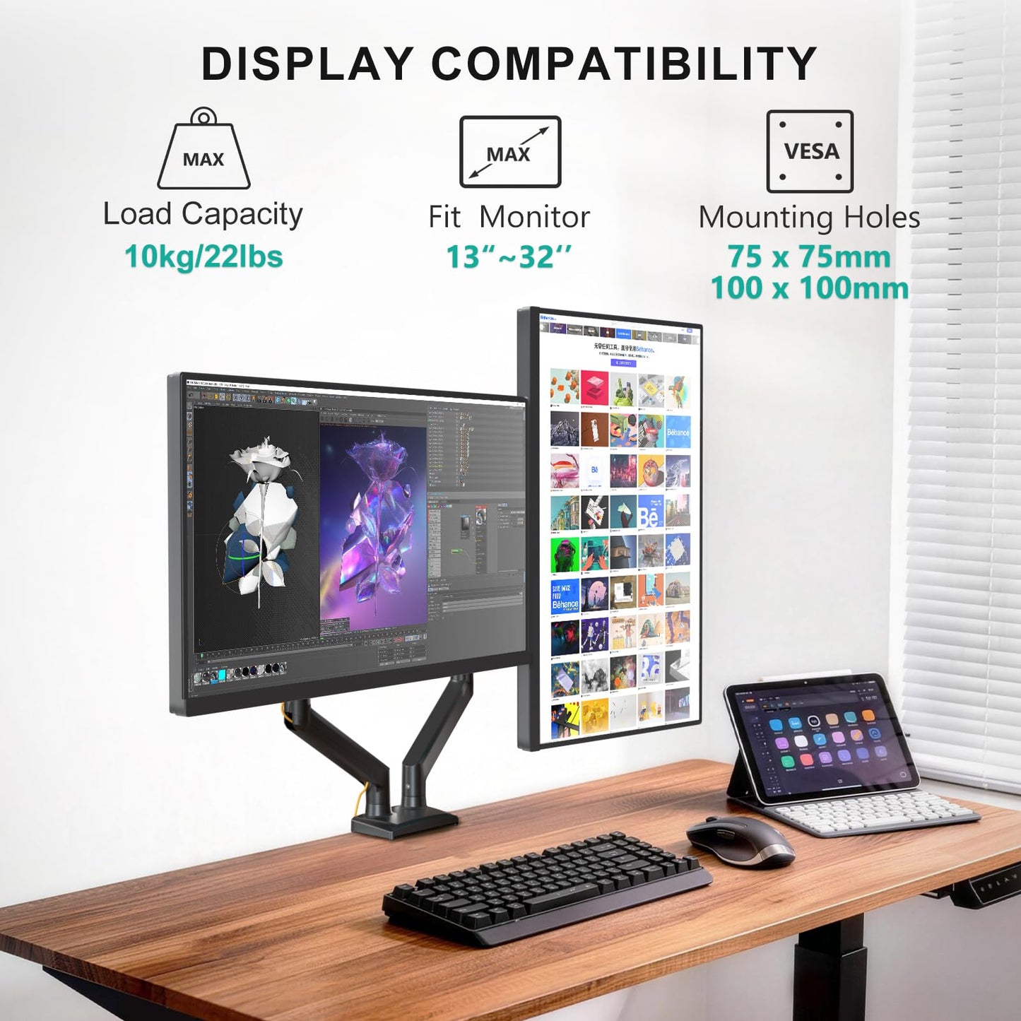 WALI Dual Monitor Stand for 13-32 inch Computer Screens, Dual Monitor Arms for 2 Monitors Holds up to 22 lbs, Height Adjustable Dual Monitors Mount