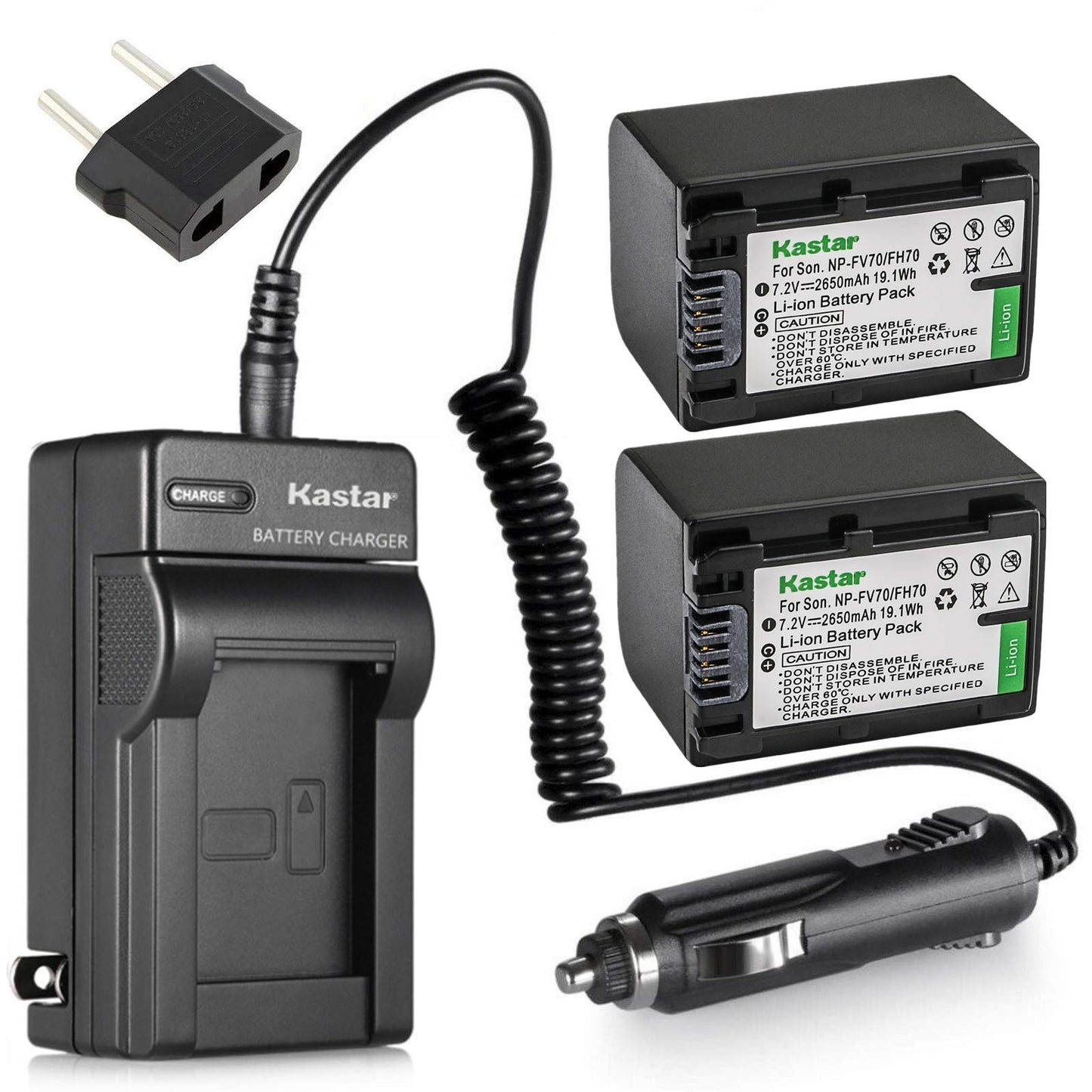 Kastar NPFH70 Battery (2-Pack) + Charger for Sony NP-FH100, FH60, FH70, NP-FH90, TRV and Sony DCR-DVD405 407E 408 410E 450 602E 650E DCR-HC96 DCR-SR85