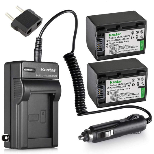 Kastar NPFH70 Battery (2-Pack) + Charger for Sony NP-FH100, FH60, FH70, NP-FH90, TRV and Sony DCR-DVD405 407E 408 410E 450 602E 650E DCR-HC96 DCR-SR85