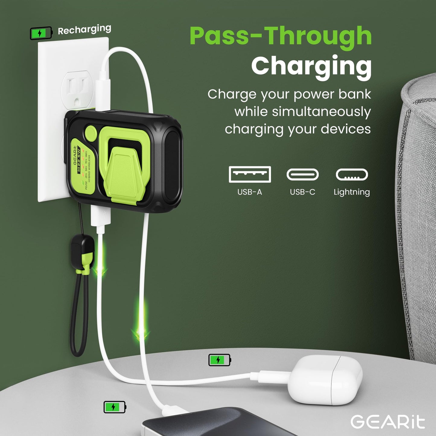 GEARit 3 in 1 10000mAh Magnetic Power Bank - Wireless Battery Pack with USB-C & Lightning Cables Fast Charging Portable Charger Compatible