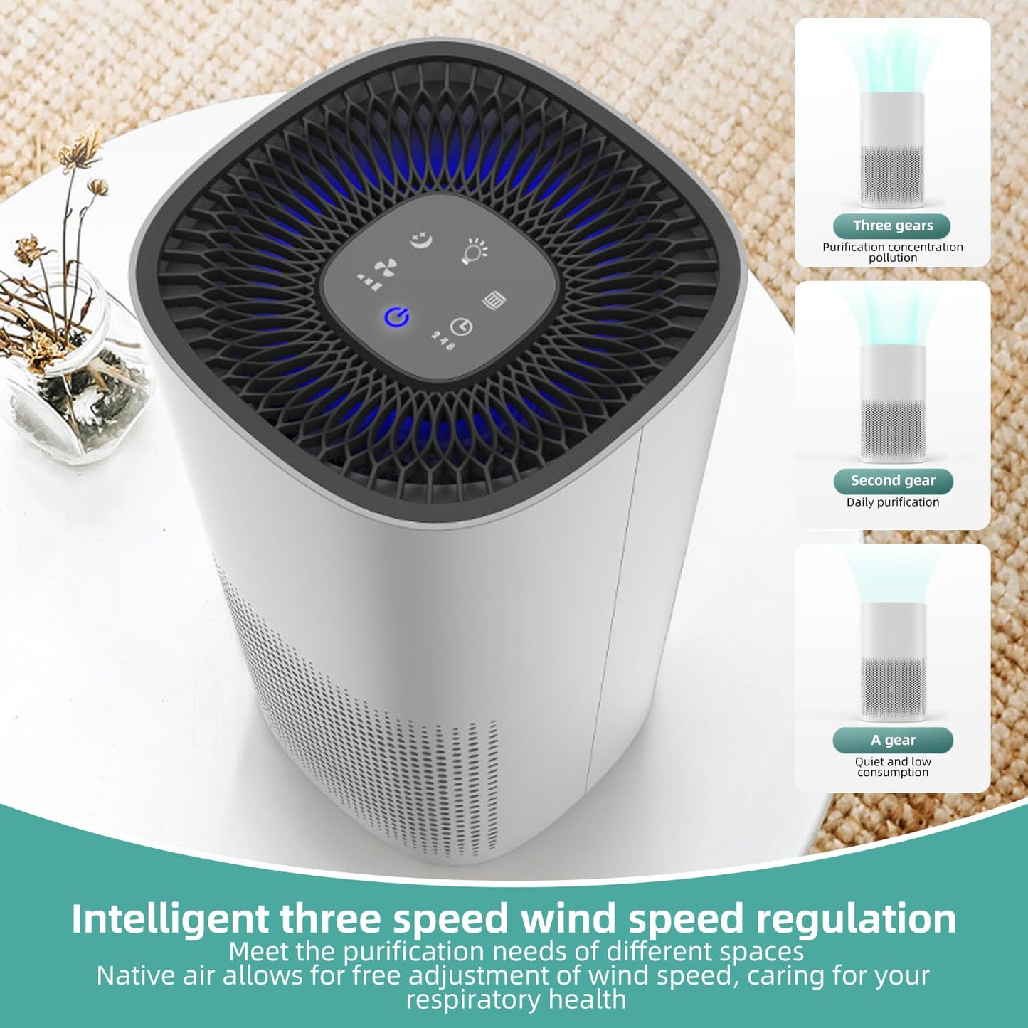 Portable Quiet HEPA Air Purifier for Home & Bedroom, Low Power 12W Air Cleaner with Touch Control Panel & Night Light, Room Odor Eliminator